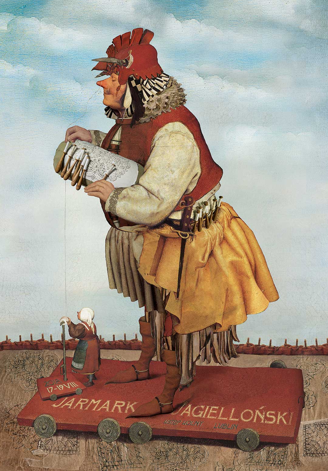 [Plakat Jarmarku Jagiellońskiego, kolaż w stylistyce retro, kura w stroju przypominającym średniowiecznego mieszczanina]
